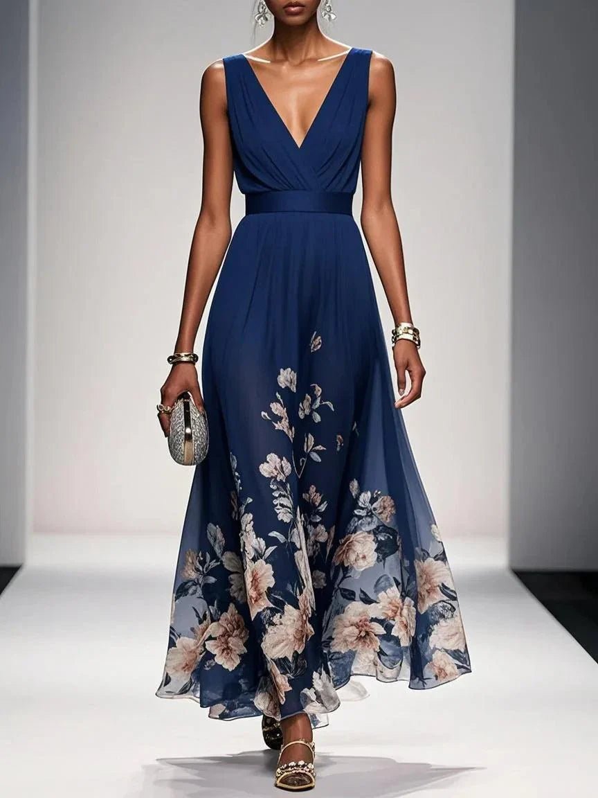 Emilia | Damen Blumen Maxikleid V-Ausschnitt Ärmellos