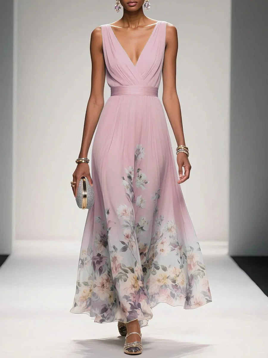 Emilia | Damen Blumen Maxikleid V-Ausschnitt Ärmellos