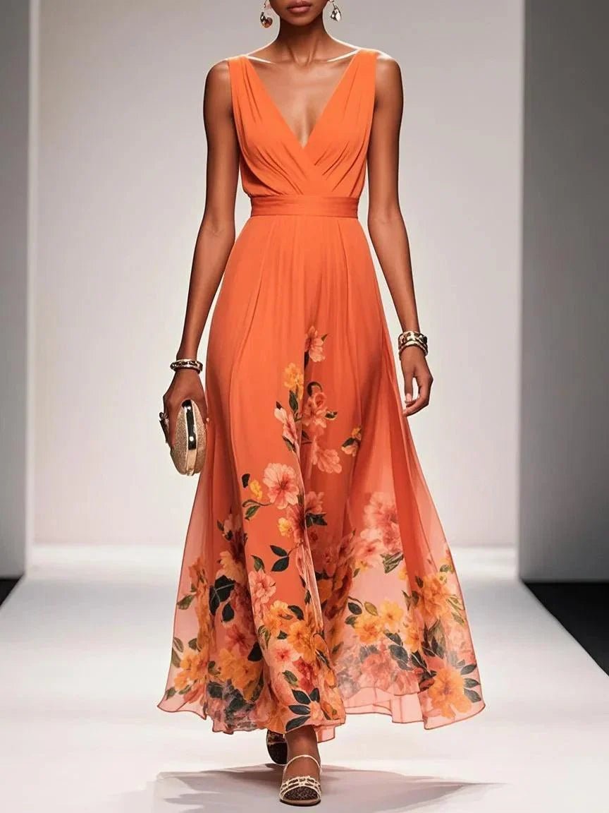 Emilia | Damen Blumen Maxikleid V-Ausschnitt Ärmellos