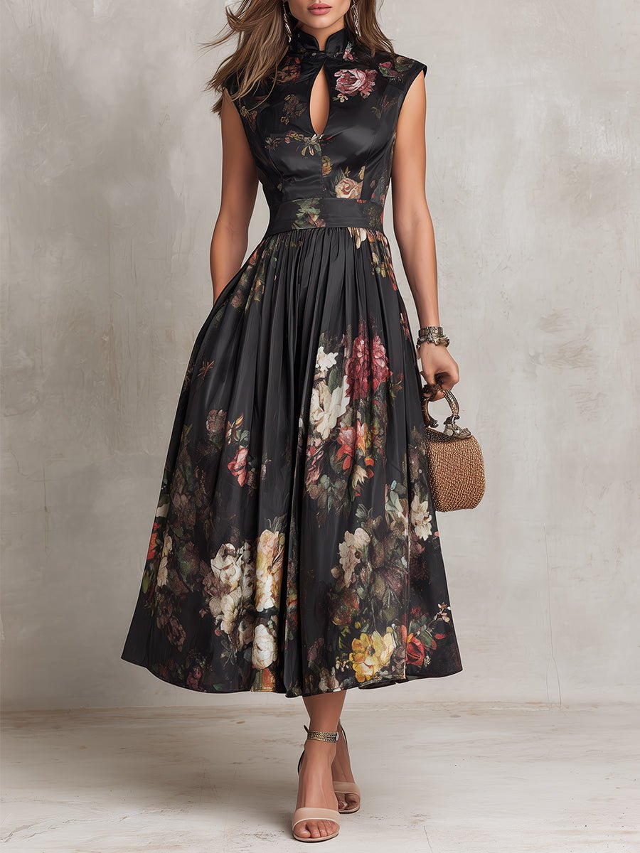 Elfriede | Damen Blumen Satin Plissee Midi Kleid Schlüsselloch Ausschnitt