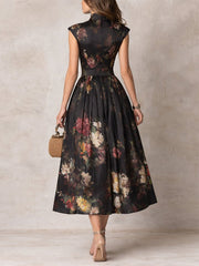 Elfriede | Damen Blumen Satin Plissee Midi Kleid Schlüsselloch Ausschnitt