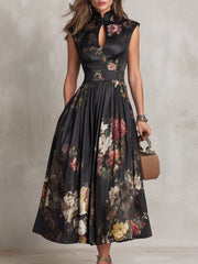 Elfriede | Damen Blumen Satin Plissee Midi Kleid Schlüsselloch Ausschnitt