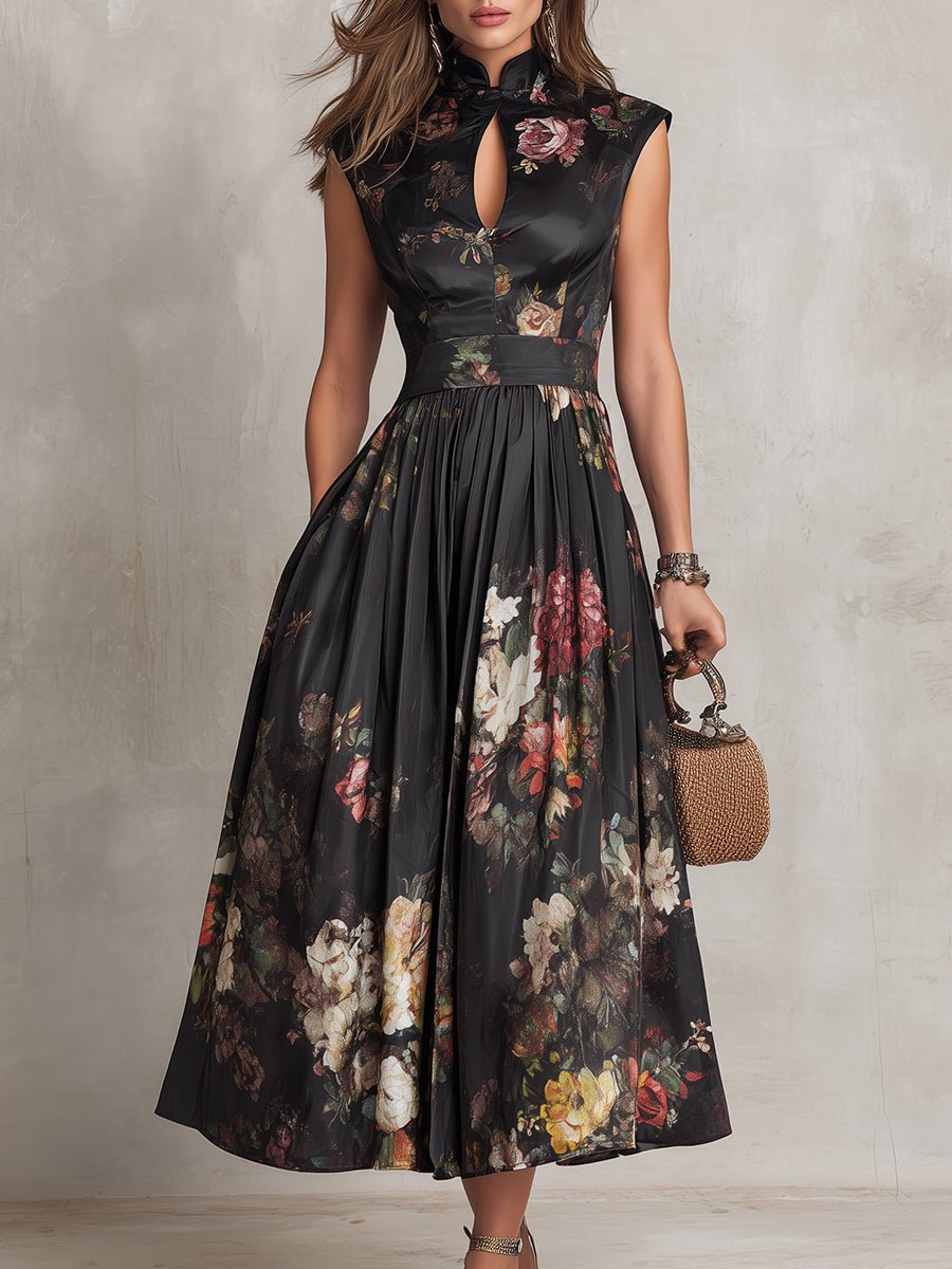 Elfriede | Damen Blumen Satin Plissee Midi Kleid Schlüsselloch Ausschnitt