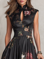 Elfriede | Damen Blumen Satin Plissee Midi Kleid Schlüsselloch Ausschnitt