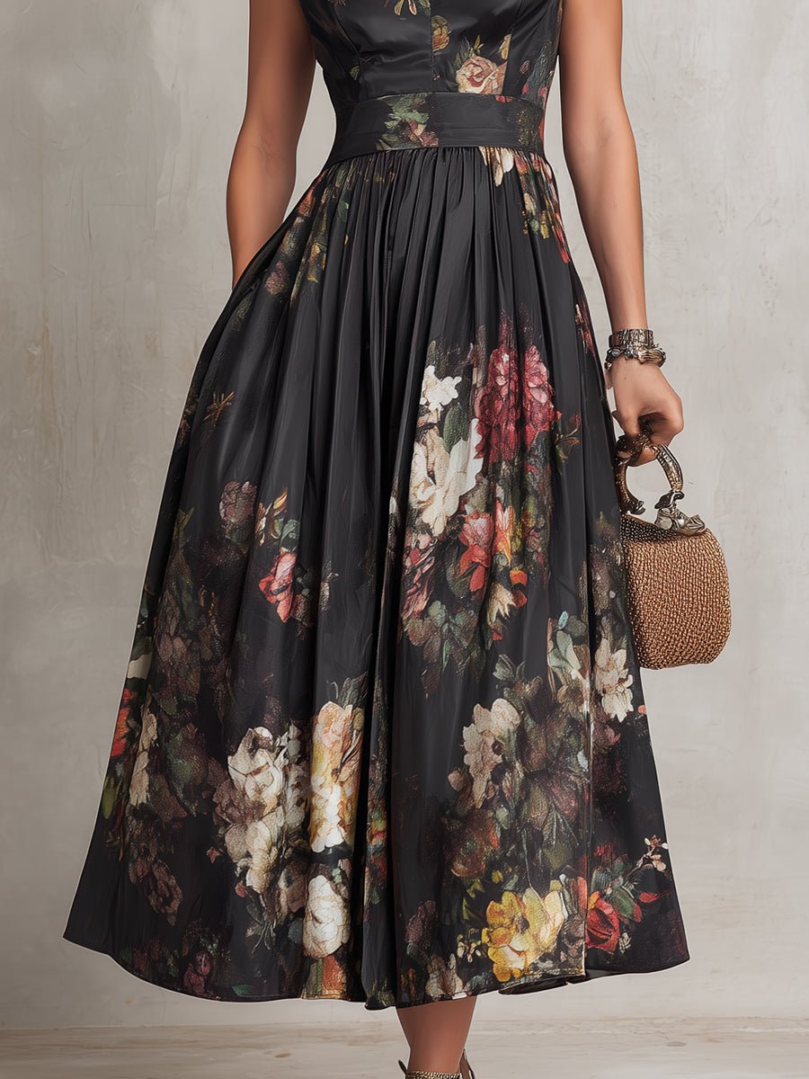 Elfriede | Damen Blumen Satin Plissee Midi Kleid Schlüsselloch Ausschnitt