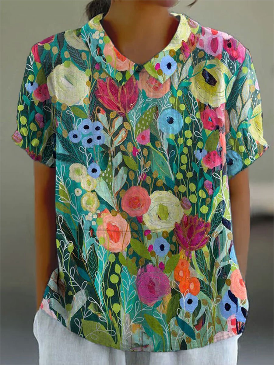 Leonie | Damen Bluse Aquarell Blumenmuster Kurzarm