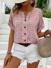 Katharina | Damen Bluse Baumwolle Blumenmuster Kurzarm Knopfleiste