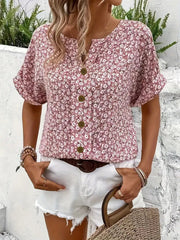 Katharina | Damen Bluse Baumwolle Blumenmuster Kurzarm Knopfleiste