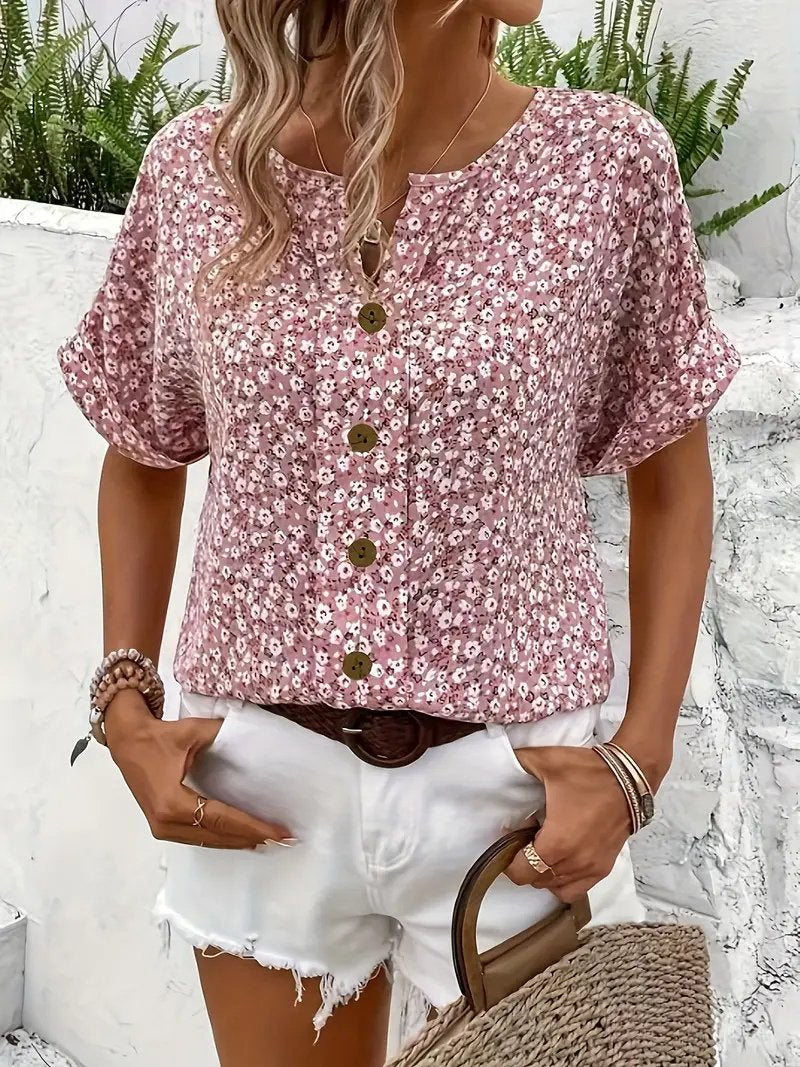 Katharina | Damen Bluse Baumwolle Blumenmuster Kurzarm Knopfleiste