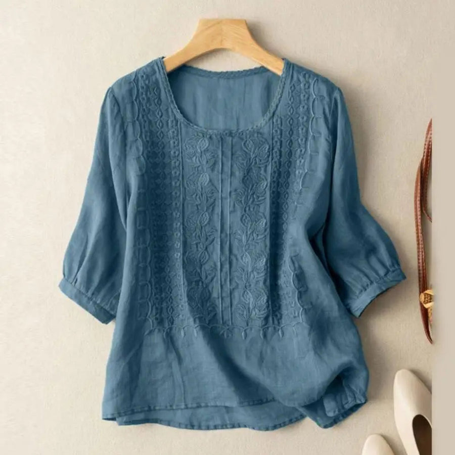 Johanna | Damen Bluse Bestickt 3/4 Ärmel Baumwolle Locker
