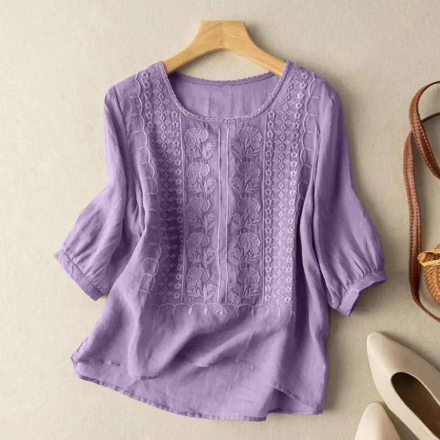 Johanna | Damen Bluse Bestickt 3/4 Ärmel Baumwolle Locker