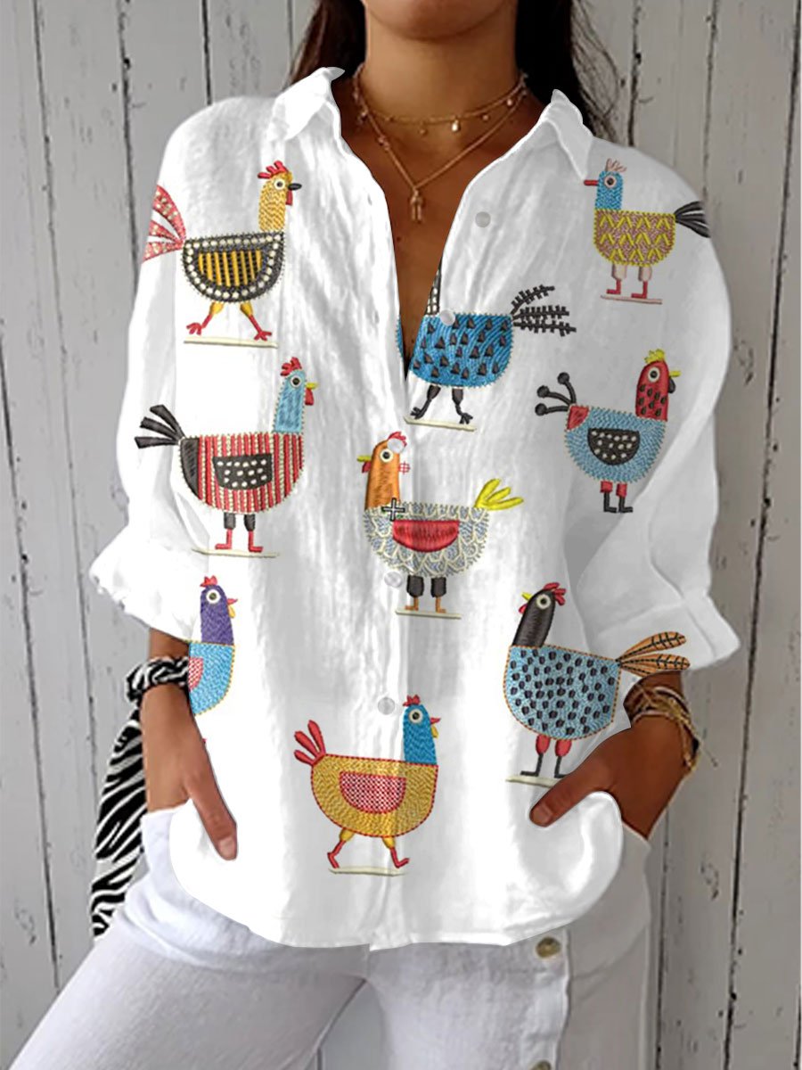 Lena | Damen Bluse Bunte Hühner Print Langarm V-Ausschnitt
