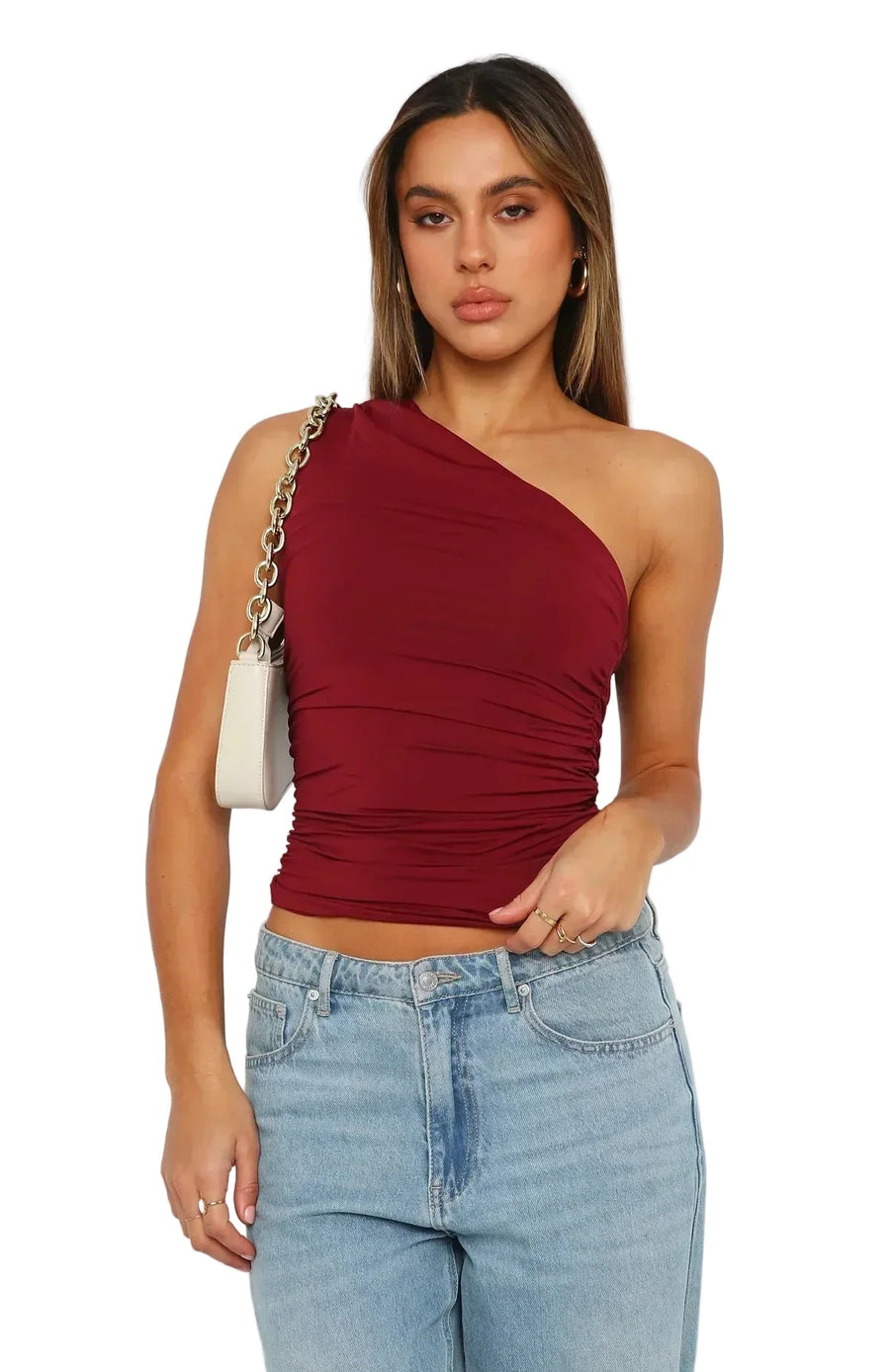 Damen-Bluse mit einseitiger Schulter und Raffungen