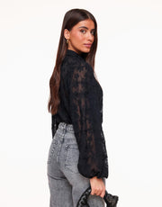 Damen-Bluse mit floraler Stickerei, transparentem Gewebe und Ballonärmeln