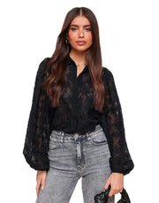 Damen-Bluse mit floraler Stickerei, transparentem Gewebe und Ballonärmeln