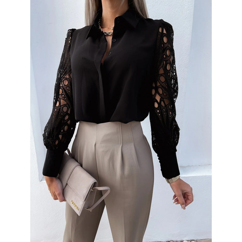 Damen-Bluse mit Knopfleiste und Ärmeln mit Durchbruchmuster