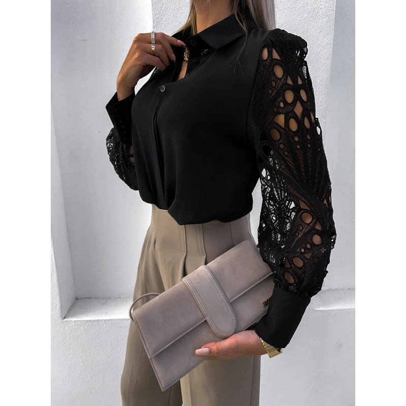 Damen-Bluse mit Knopfleiste und Ärmeln mit Durchbruchmuster