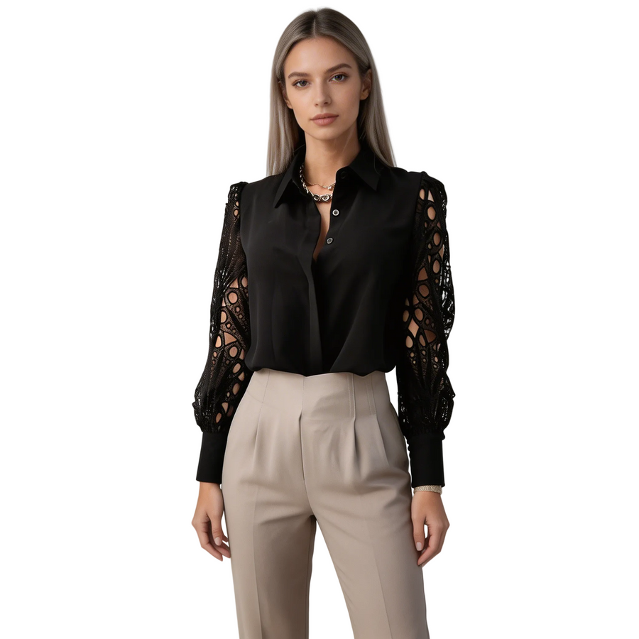 Damen-Bluse mit Knopfleiste und Ärmeln mit Durchbruchmuster