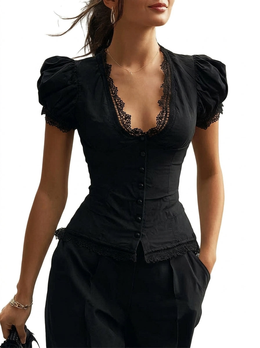 Damen Bluse mit Puffärmeln und Spitzenbesatz sowie Knopfleiste