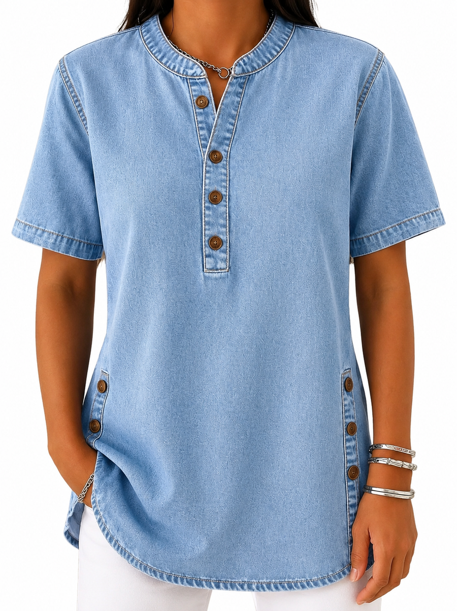 Damen Bluse mit Rundhalsausschnitt und Knopfleiste