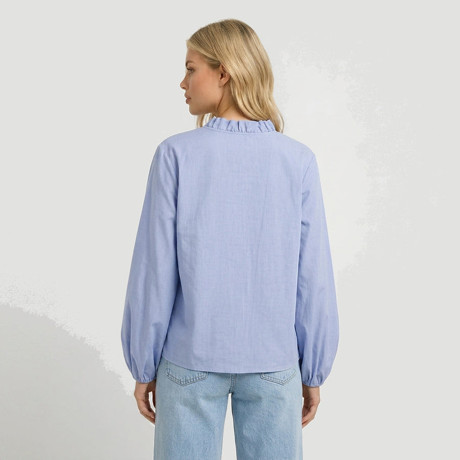 Damen-Bluse mit Rüschendetails und elastischen Ärmelbündchen