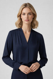Damen-Bluse mit V-Ausschnitt, Falten-Details und Knopfmanschetten