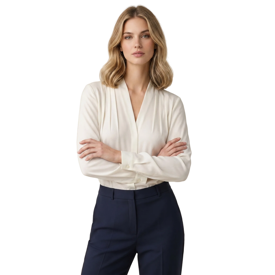 Damen-Bluse mit V-Ausschnitt, Falten-Details und Knopfmanschetten