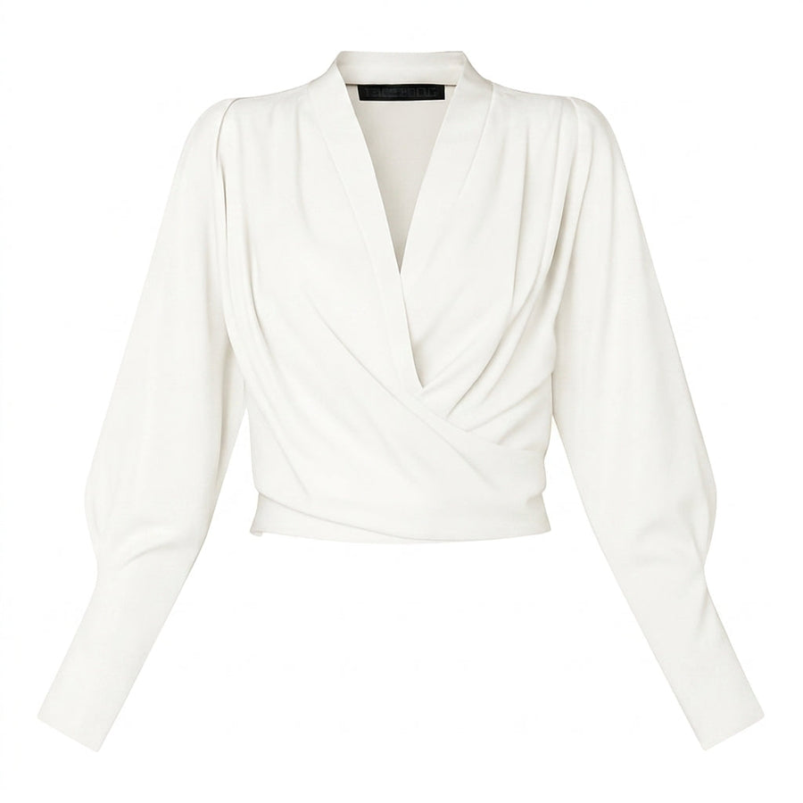Damen-Bluse mit V-Ausschnitt, Wickeloptik und Puffärmeln