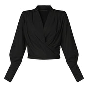 Damen-Bluse mit V-Ausschnitt, Wickeloptik und Puffärmeln