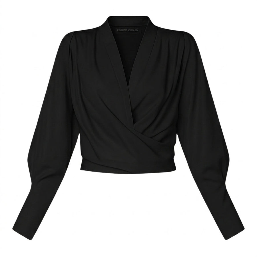 Damen-Bluse mit V-Ausschnitt, Wickeloptik und Puffärmeln
