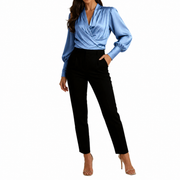 Damen-Bluse mit V-Ausschnitt, Wickeloptik und Puffärmeln