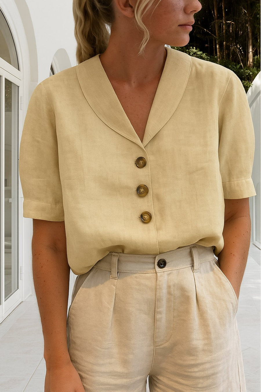 Marie | Damen Bluse V-Ausschnitt Kurzarm Business Casual