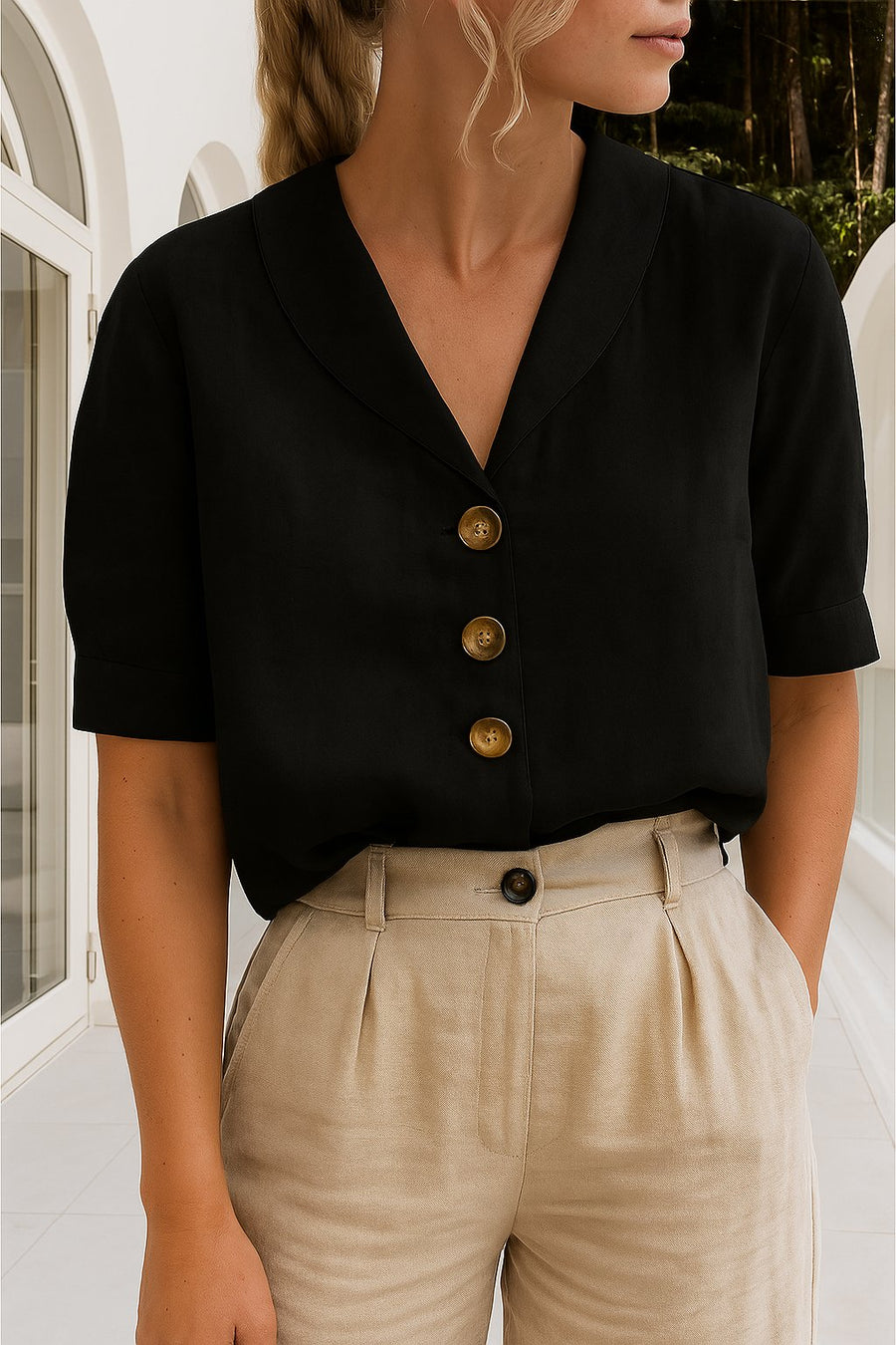 Marie | Damen Bluse V-Ausschnitt Kurzarm Business Casual