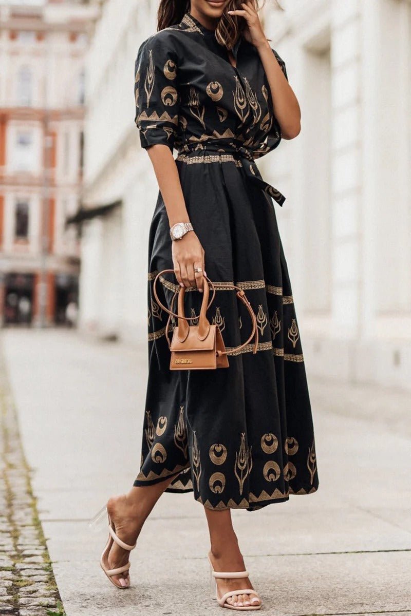 Mia | Damen Boho Gürtel Midi Kleid Dreiviertelarm Geometrisches Muster