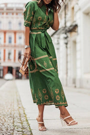 Mia | Damen Boho Gürtel Midi Kleid Dreiviertelarm Geometrisches Muster