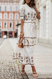 Mia | Damen Boho Gürtel Midi Kleid Dreiviertelarm Geometrisches Muster