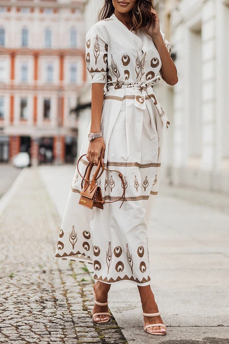 Mia | Damen Boho Gürtel Midi Kleid Dreiviertelarm Geometrisches Muster