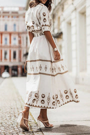 Mia | Damen Boho Gürtel Midi Kleid Dreiviertelarm Geometrisches Muster