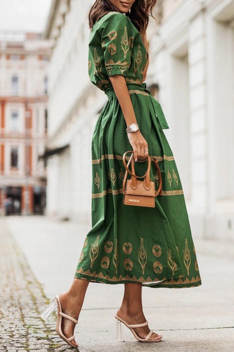 Mia | Damen Boho Gürtel Midi Kleid Dreiviertelarm Geometrisches Muster