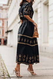 Mia | Damen Boho Gürtel Midi Kleid Dreiviertelarm Geometrisches Muster