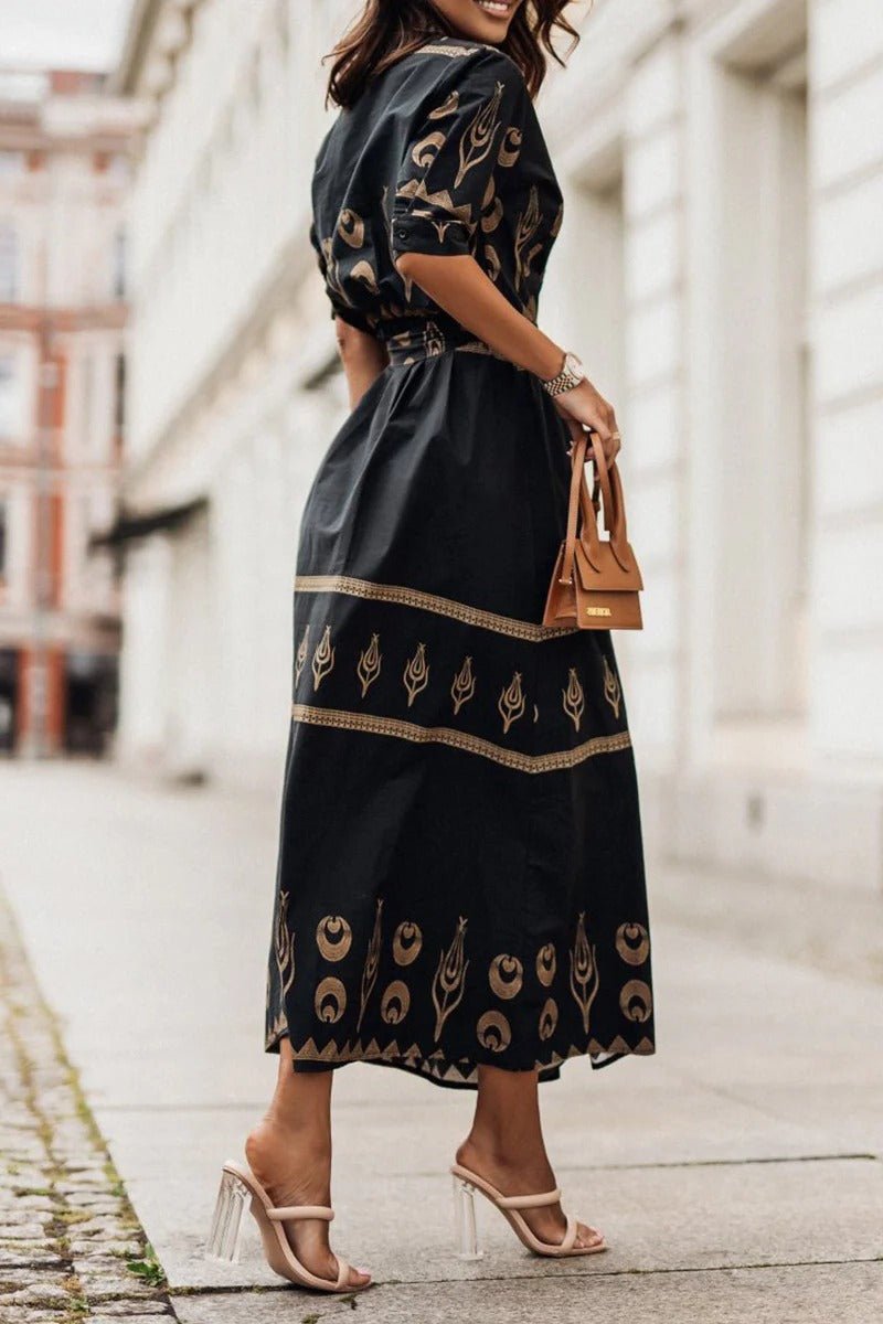Mia | Damen Boho Gürtel Midi Kleid Dreiviertelarm Geometrisches Muster