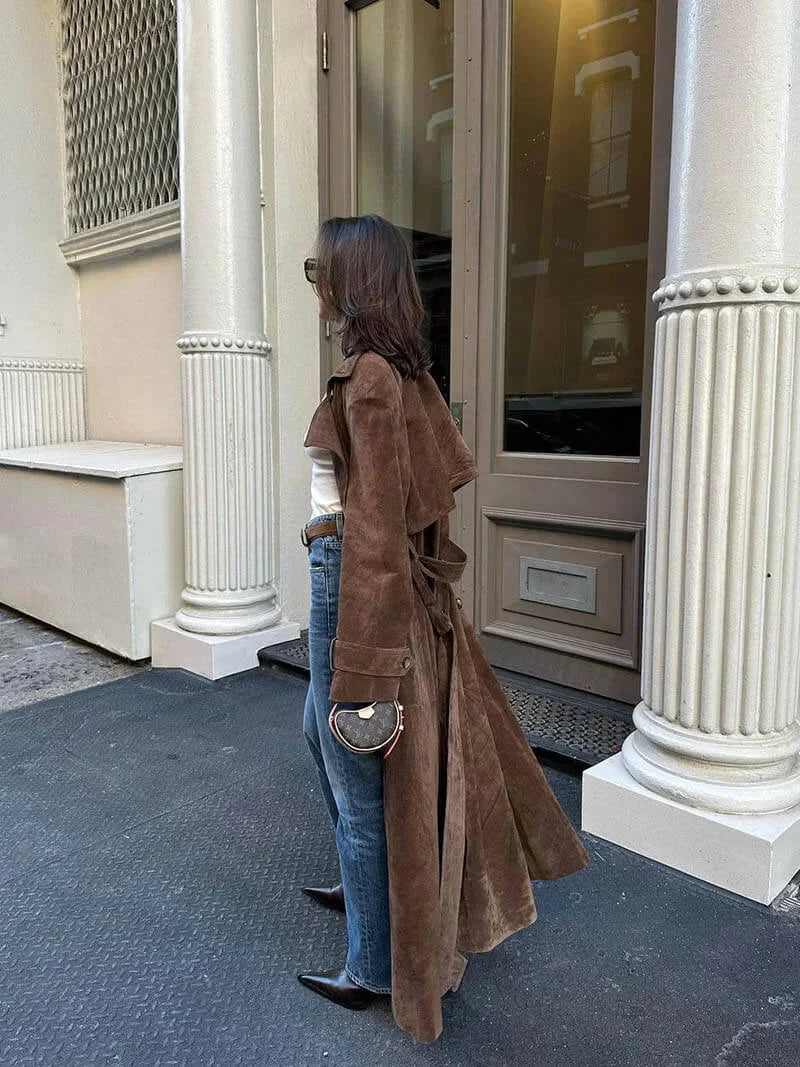 Damen brauner Trenchcoat mit Gürtel und Revers