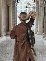 Damen brauner Trenchcoat mit Gürtel und Revers