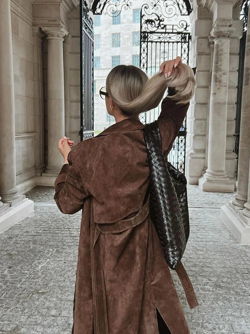 Damen brauner Trenchcoat mit Gürtel und Revers