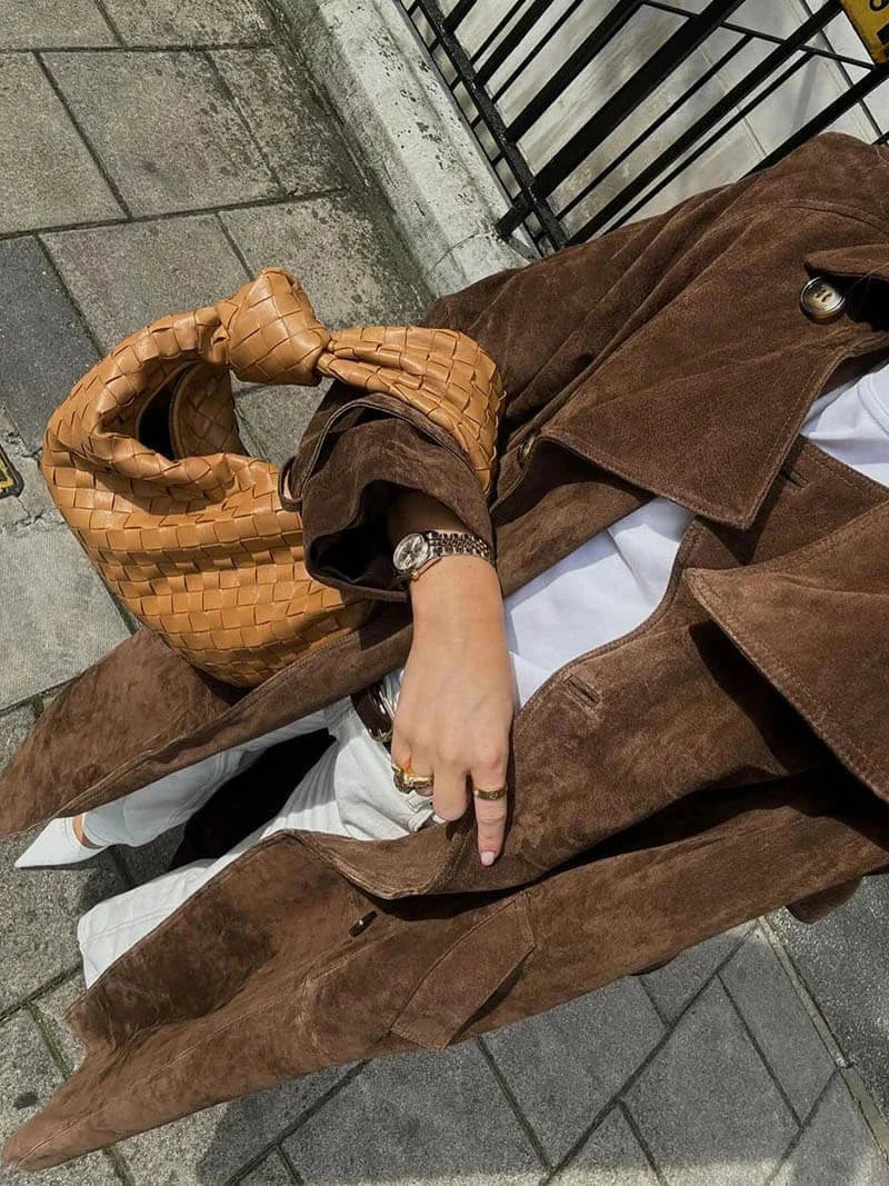 Damen brauner Trenchcoat mit Gürtel und Revers
