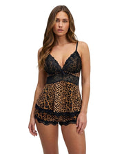 Damen-Cami-Shorts-Set mit Leopardenmuster und Spitze