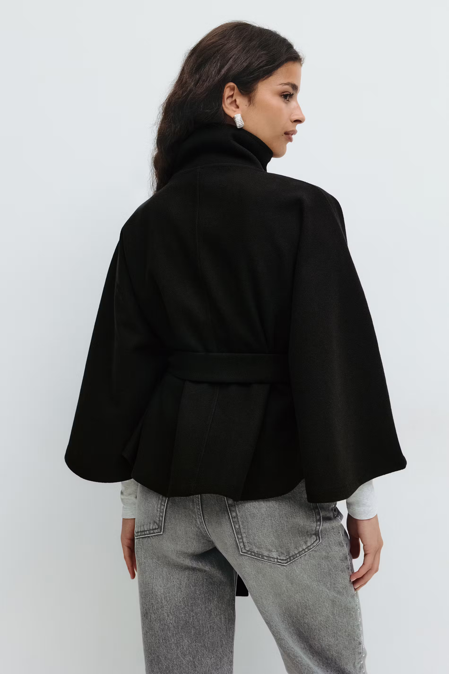 Damen Capejacke mit Stehkragen und Bindegürtel