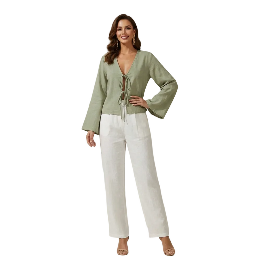 Damen Crop-Top mit langen Ärmeln und Bindevorderseite