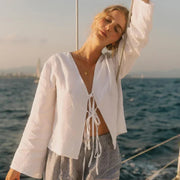 Damen Crop-Top mit langen Ärmeln und Bindevorderseite