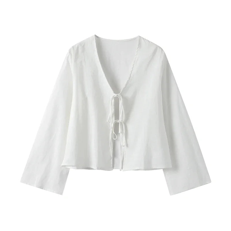 Damen Crop-Top mit langen Ärmeln und Bindevorderseite